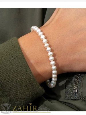  Нежна бяла гривна за ръка с 5 мм перли и стоманени накрайници, дълга 18 см с удължител 5 см - G2182